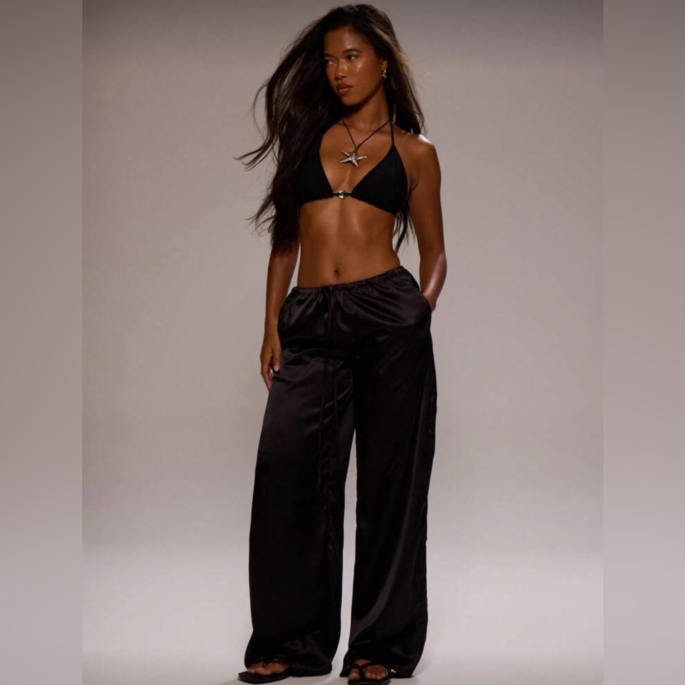 Elegant Black Satin Wide-Leg Pants